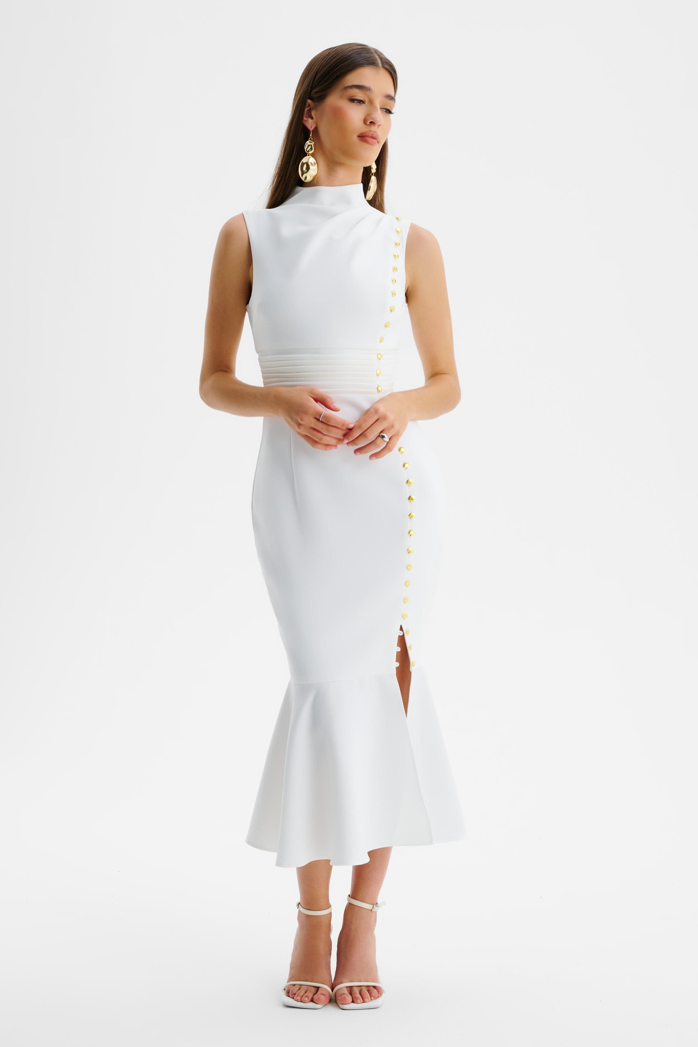 SAFFRON High Neck Button Midi Dress in White