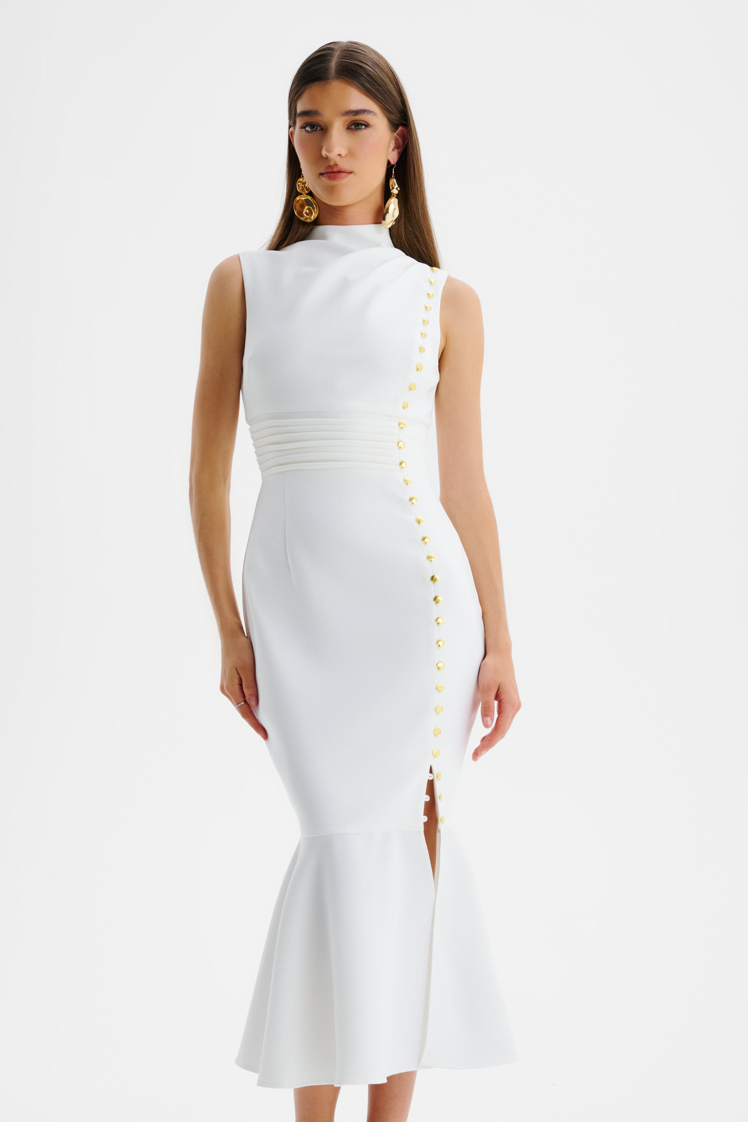 SAFFRON High Neck Button Midi Dress in White