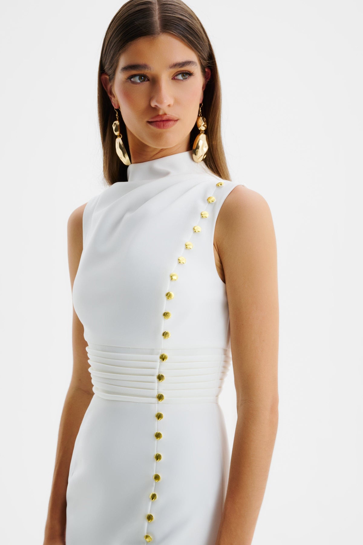SAFFRON High Neck Button Midi Dress in White