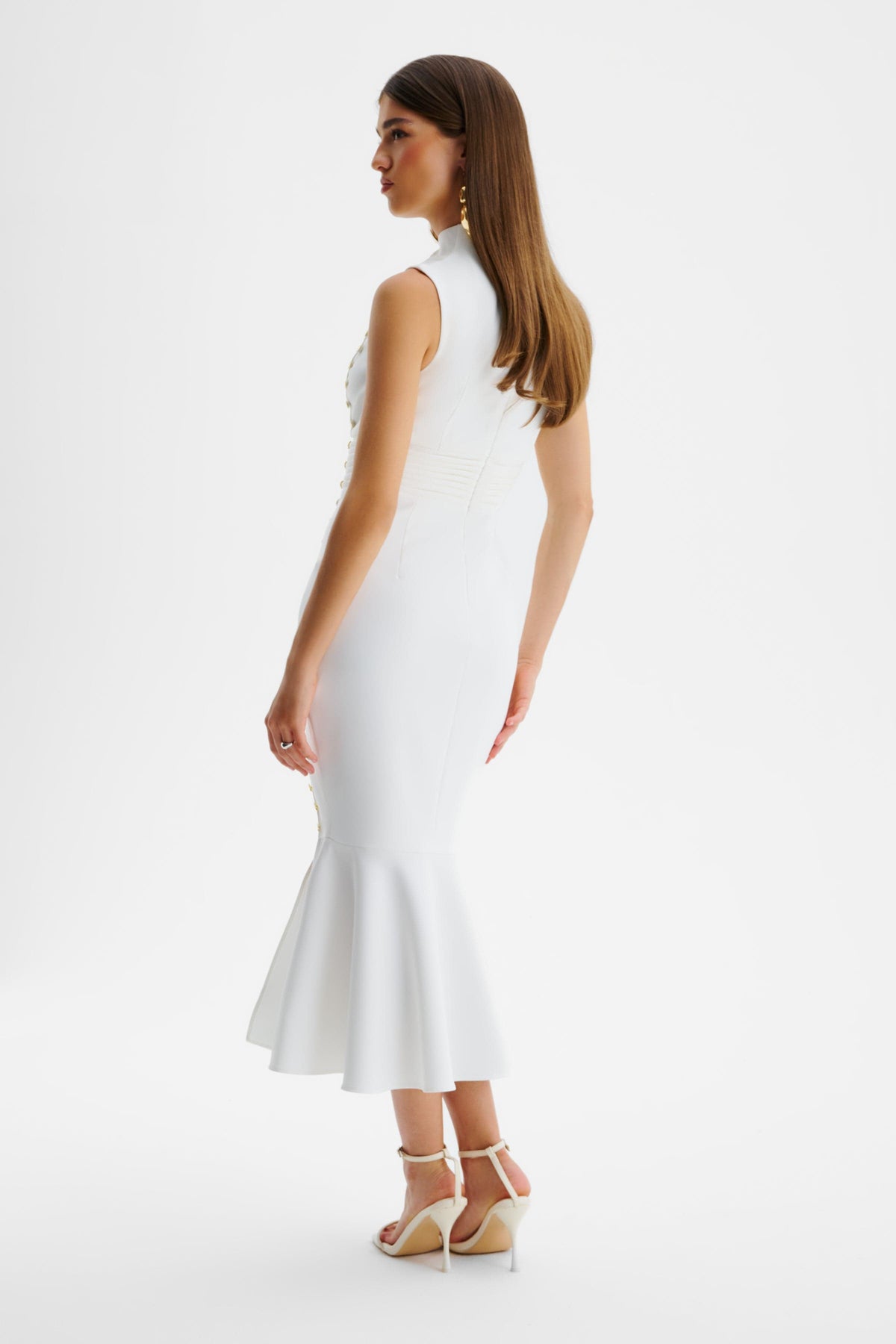 SAFFRON High Neck Button Midi Dress in White