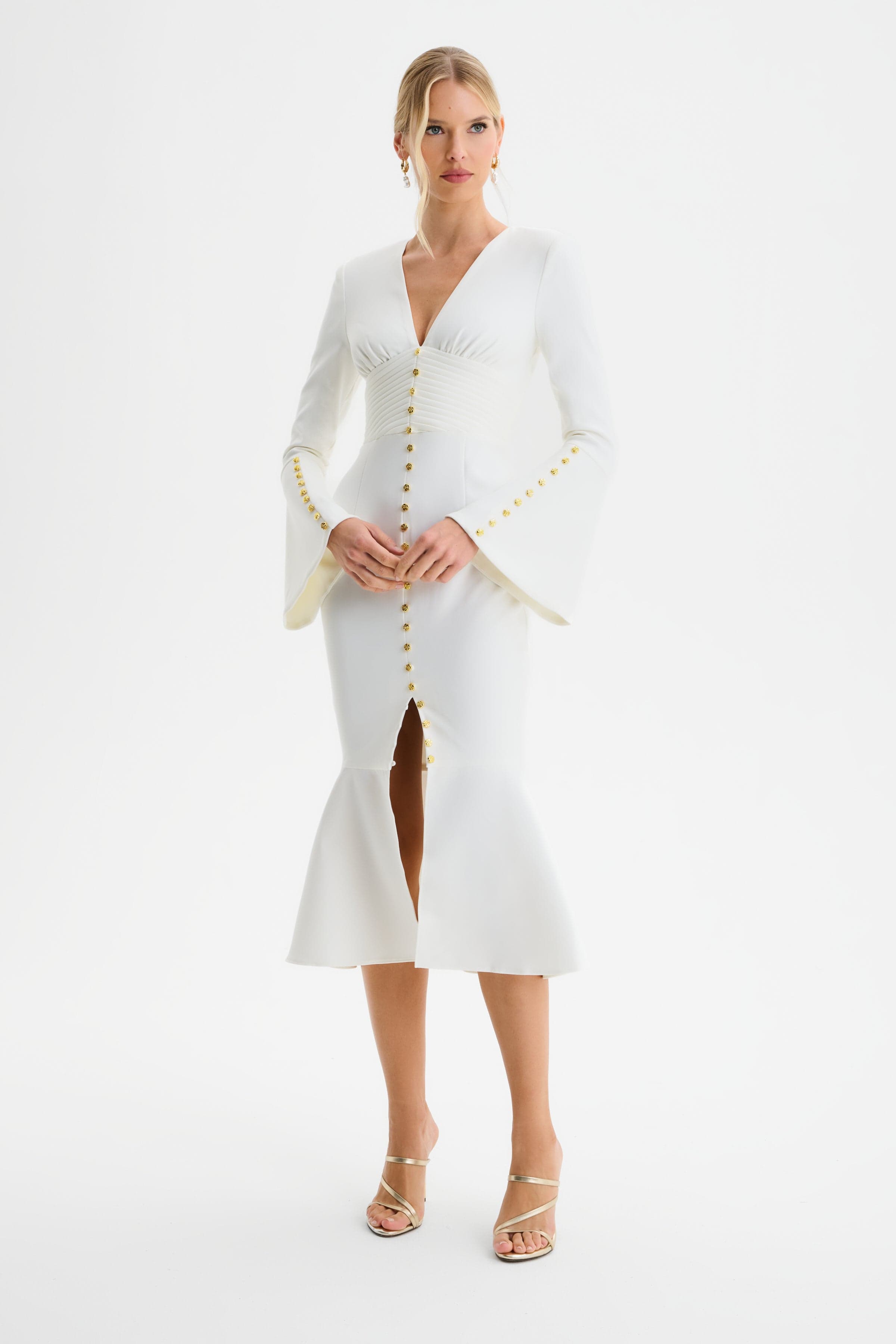SALMA Fluted Sleeve Micro Rose Button Midi Dress in White