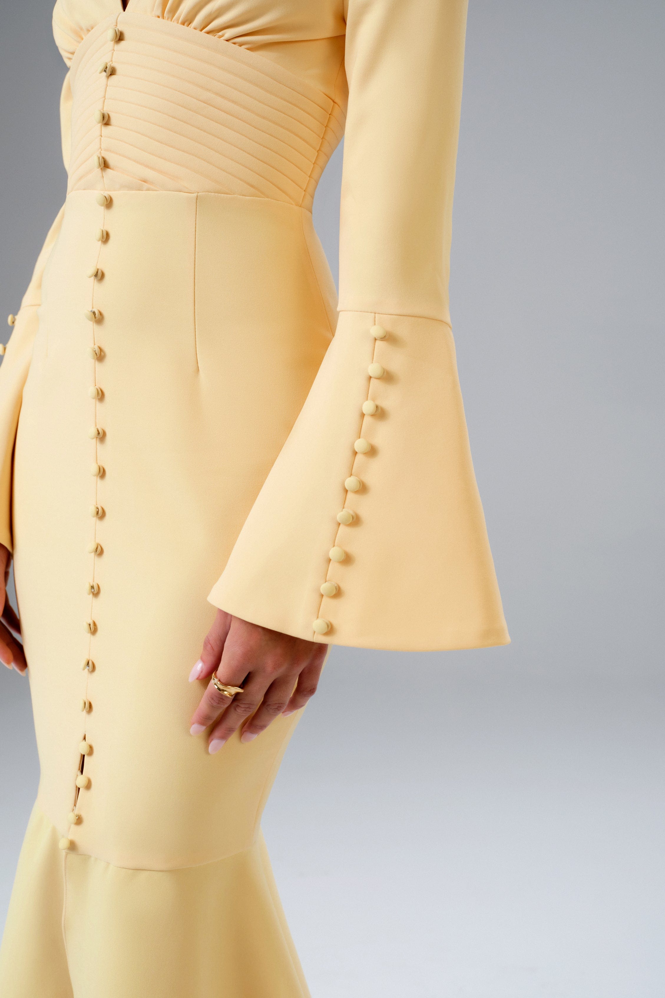 SALMA Fluted Sleeve Longline Fishtail Midi Dress In Yellow