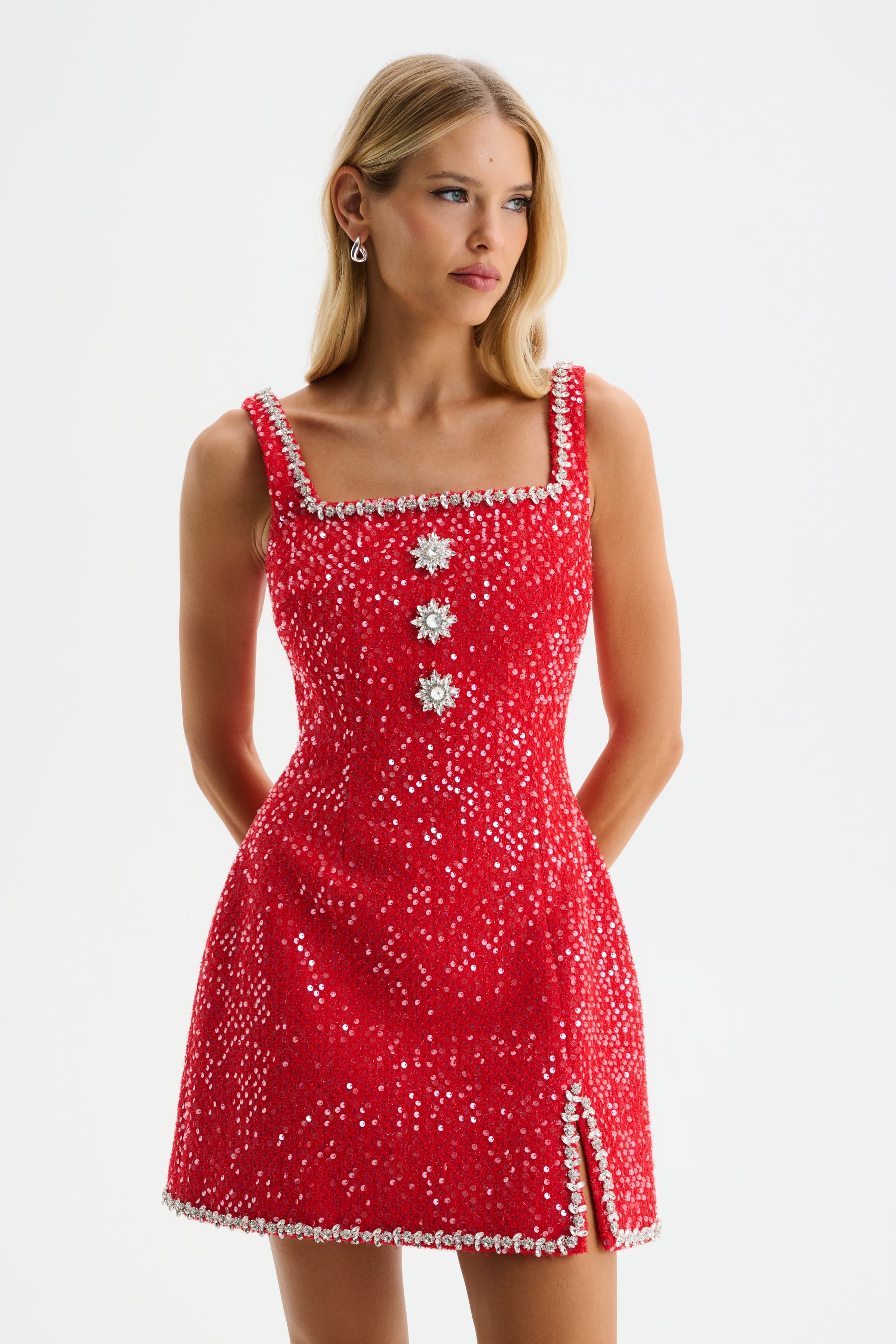 ZOEY Embellished Boucle Tulip Mini Dress in Red