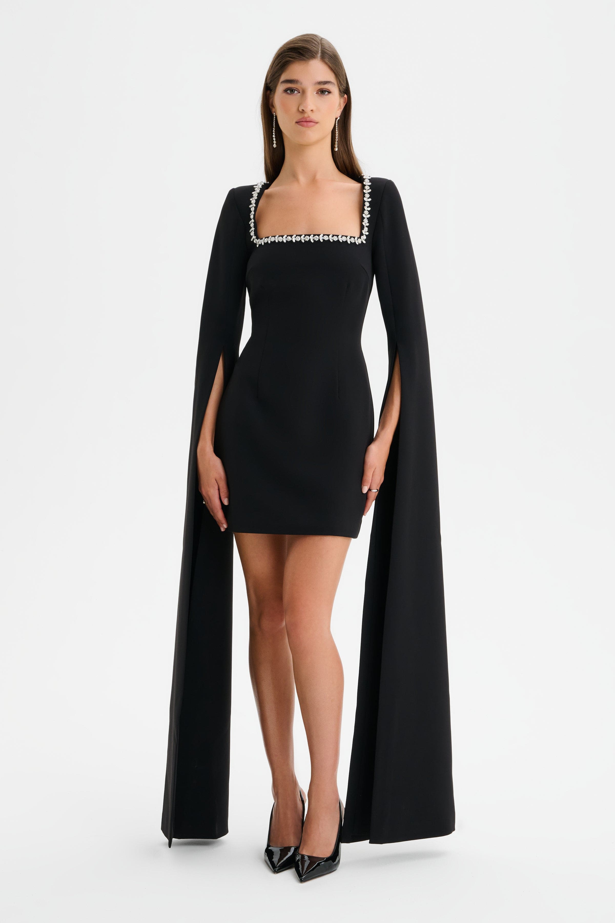 TILLY Square Neck Embellished Cape Sleeve Mini Dress in Black