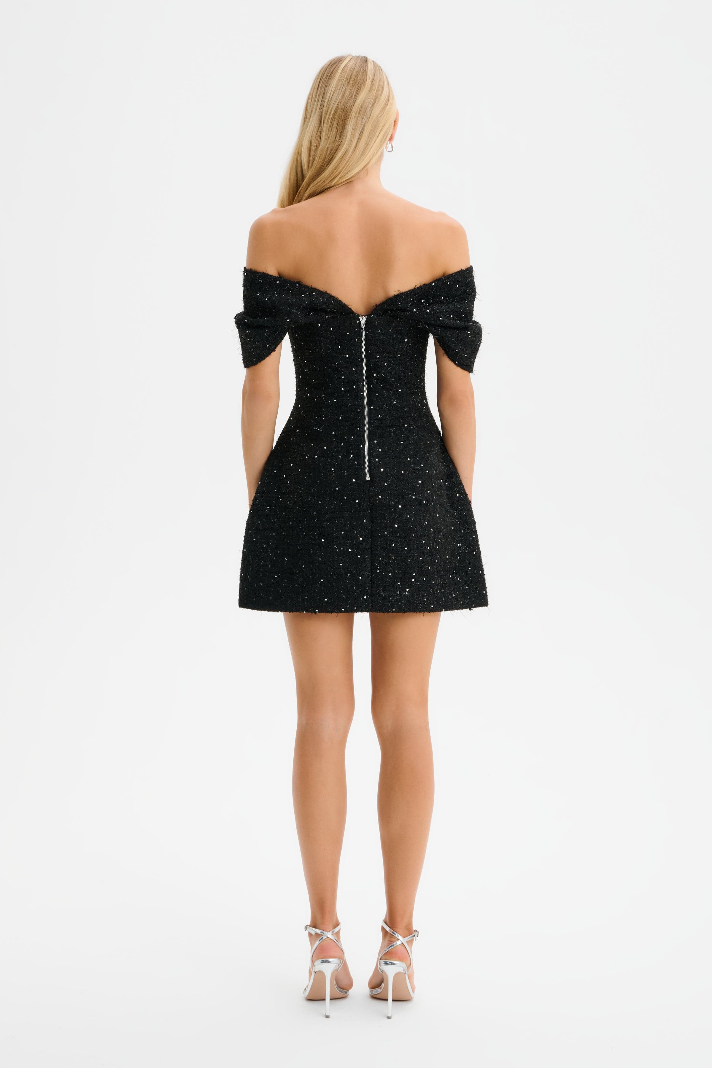ARIELLA Sequin Boucle Off Shoulder Mini Tulip Dress in Black