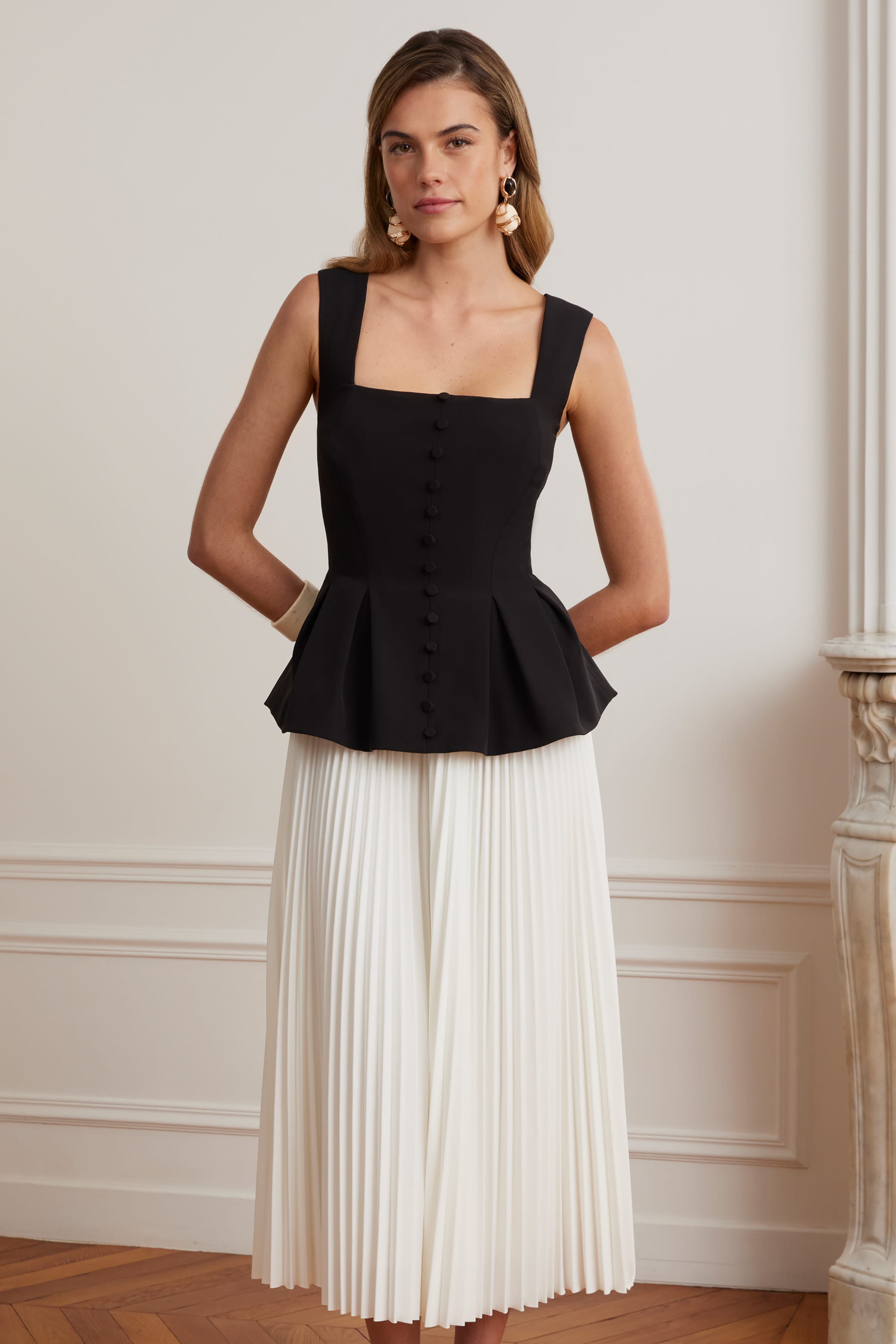 LANA Square Neck Peplum And Pleated Skirt Midi Dress In Black And White