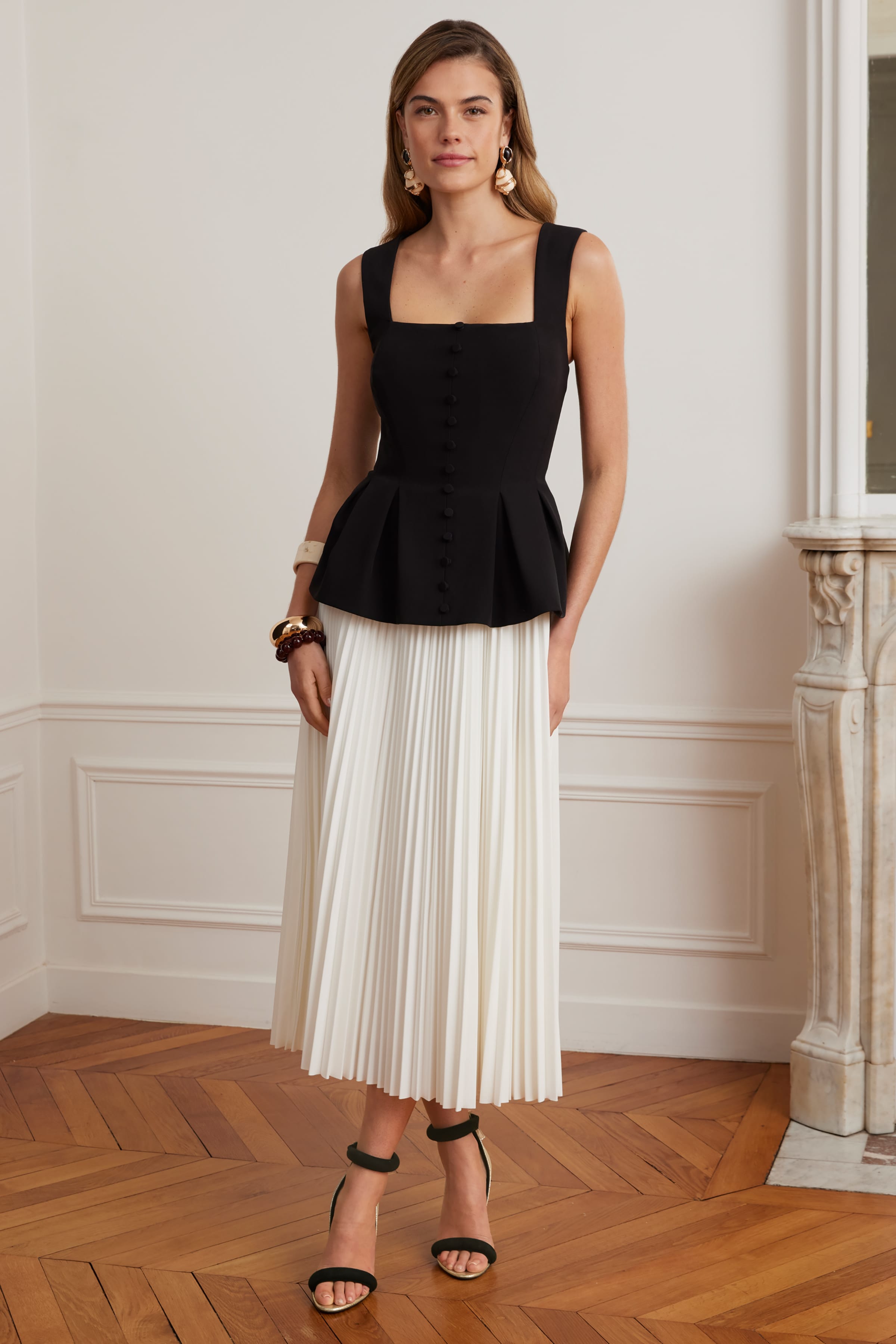 LANA Square Neck Peplum And Pleated Skirt Midi Dress In Black And White
