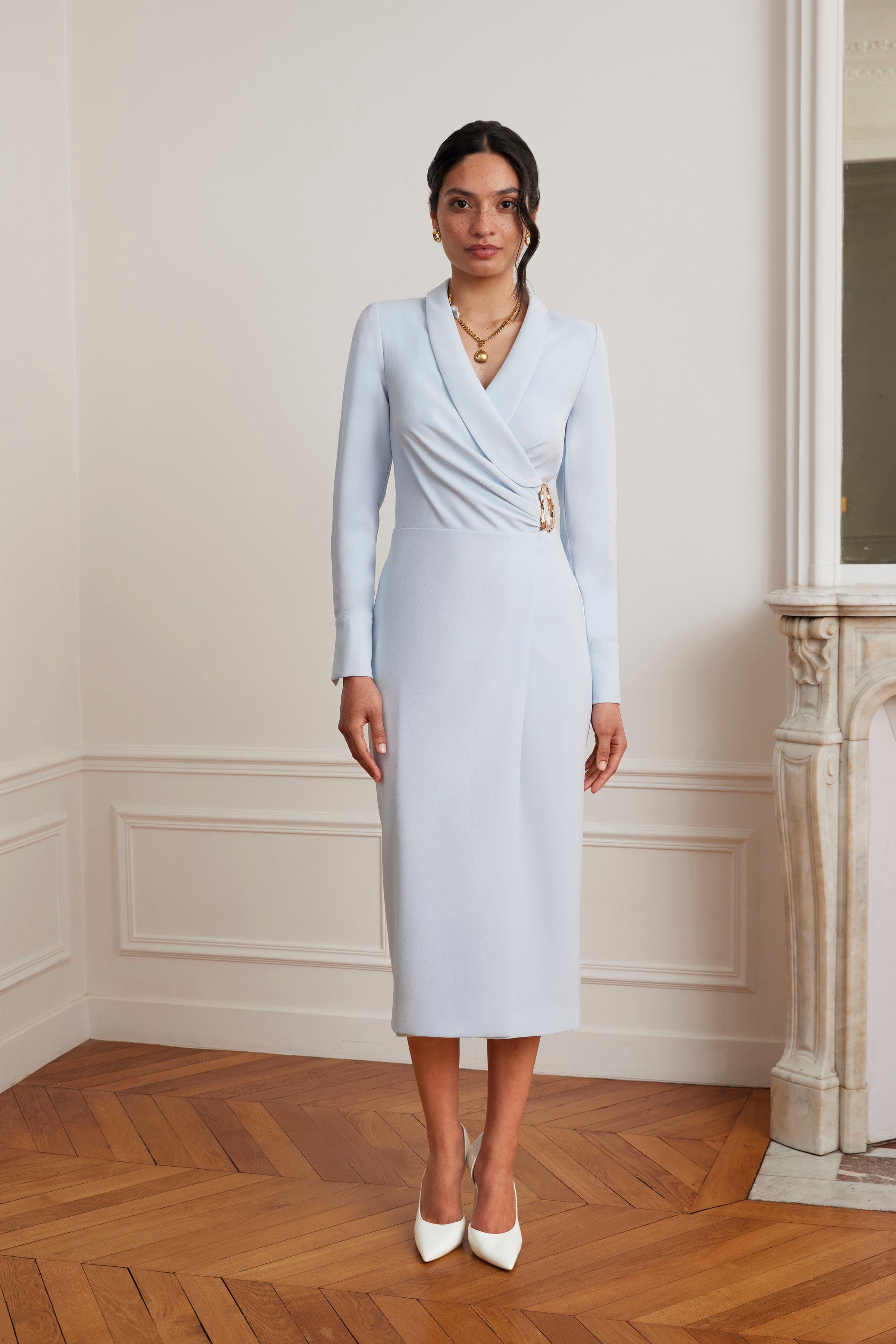 LILIANNE True Wrap Shirt Midi Dress With Gold Hardware In Powder Blue