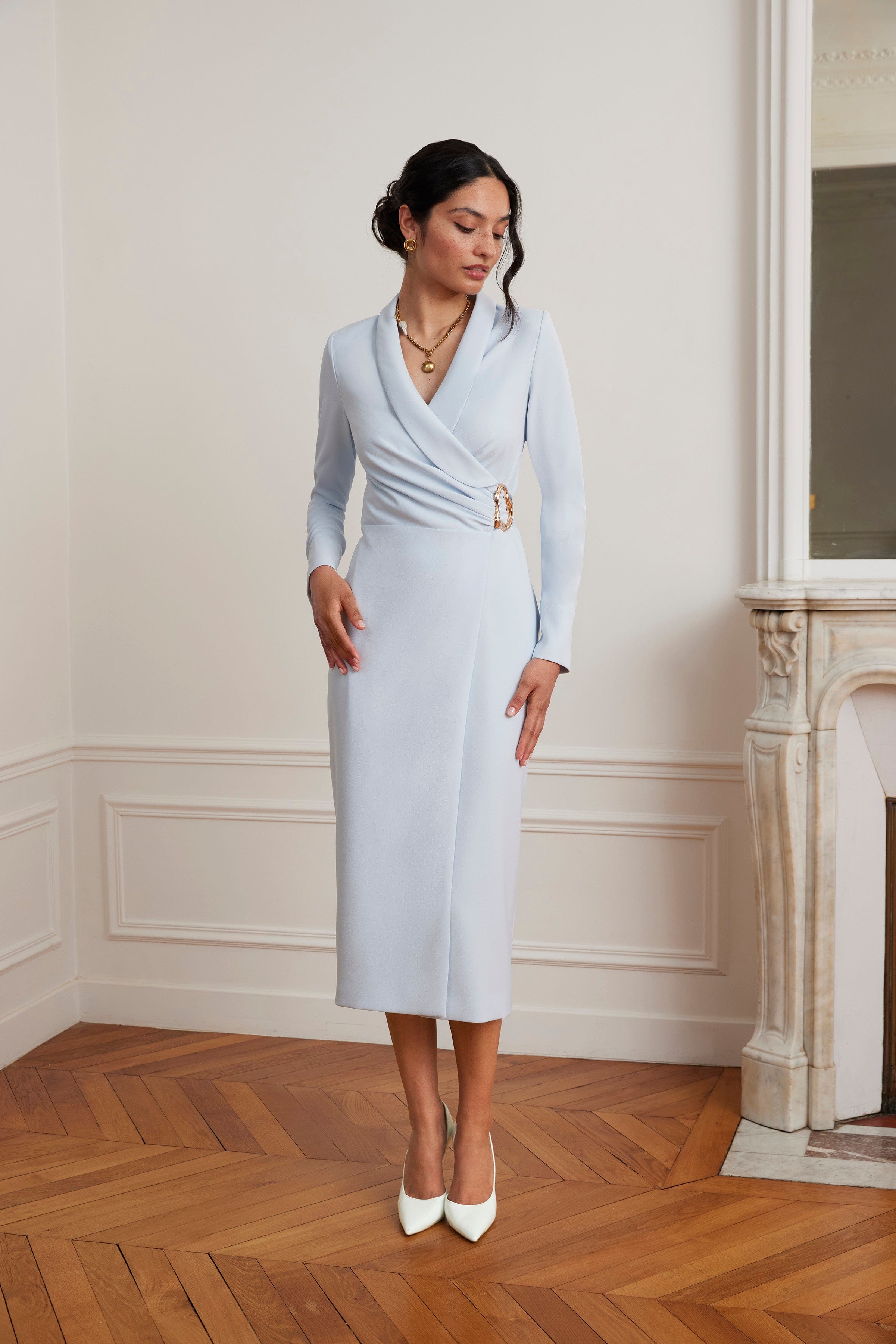 LILIANNE True Wrap Shirt Midi Dress With Gold Hardware In Powder Blue