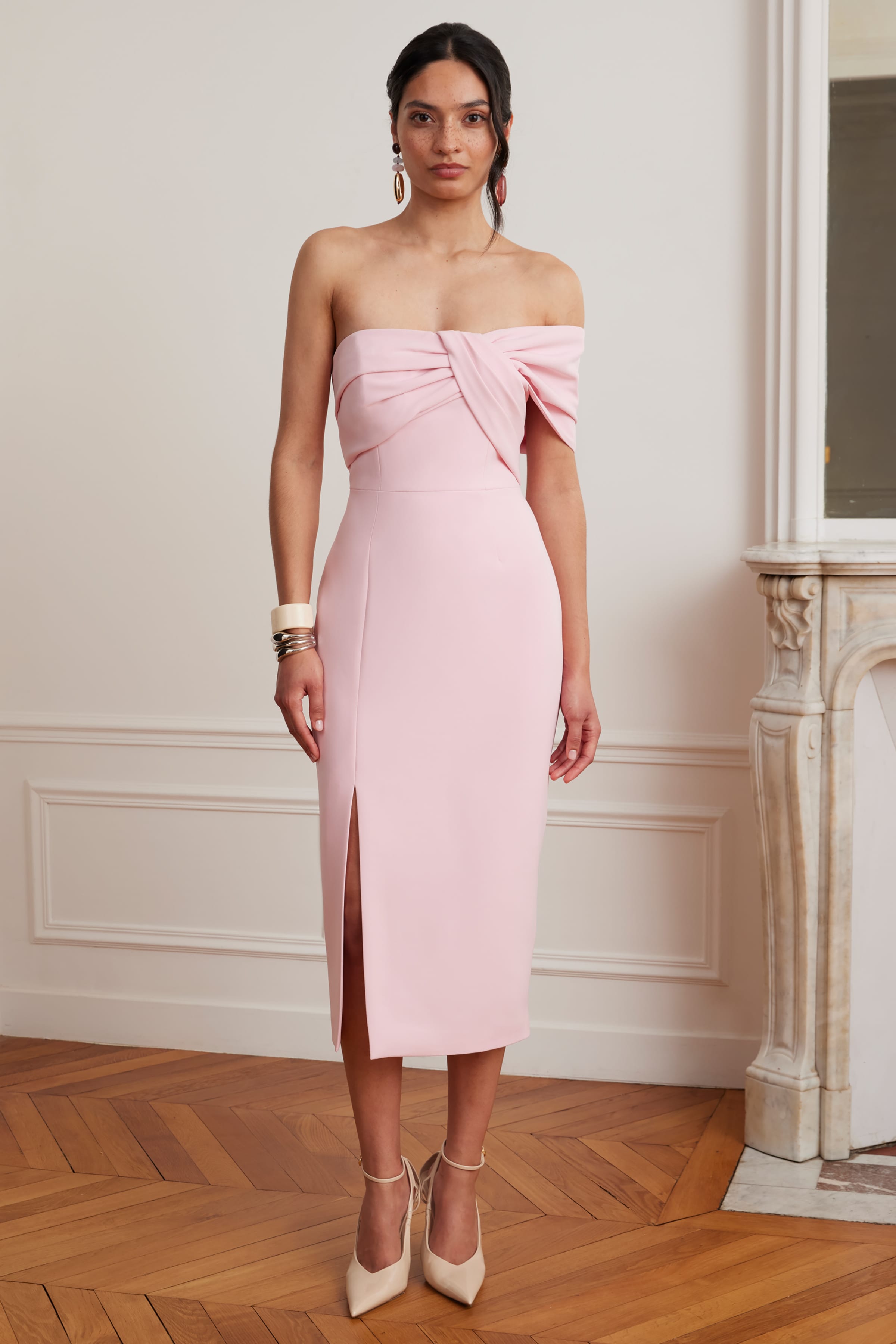 KARINA Bardot Midi Dress in Pink