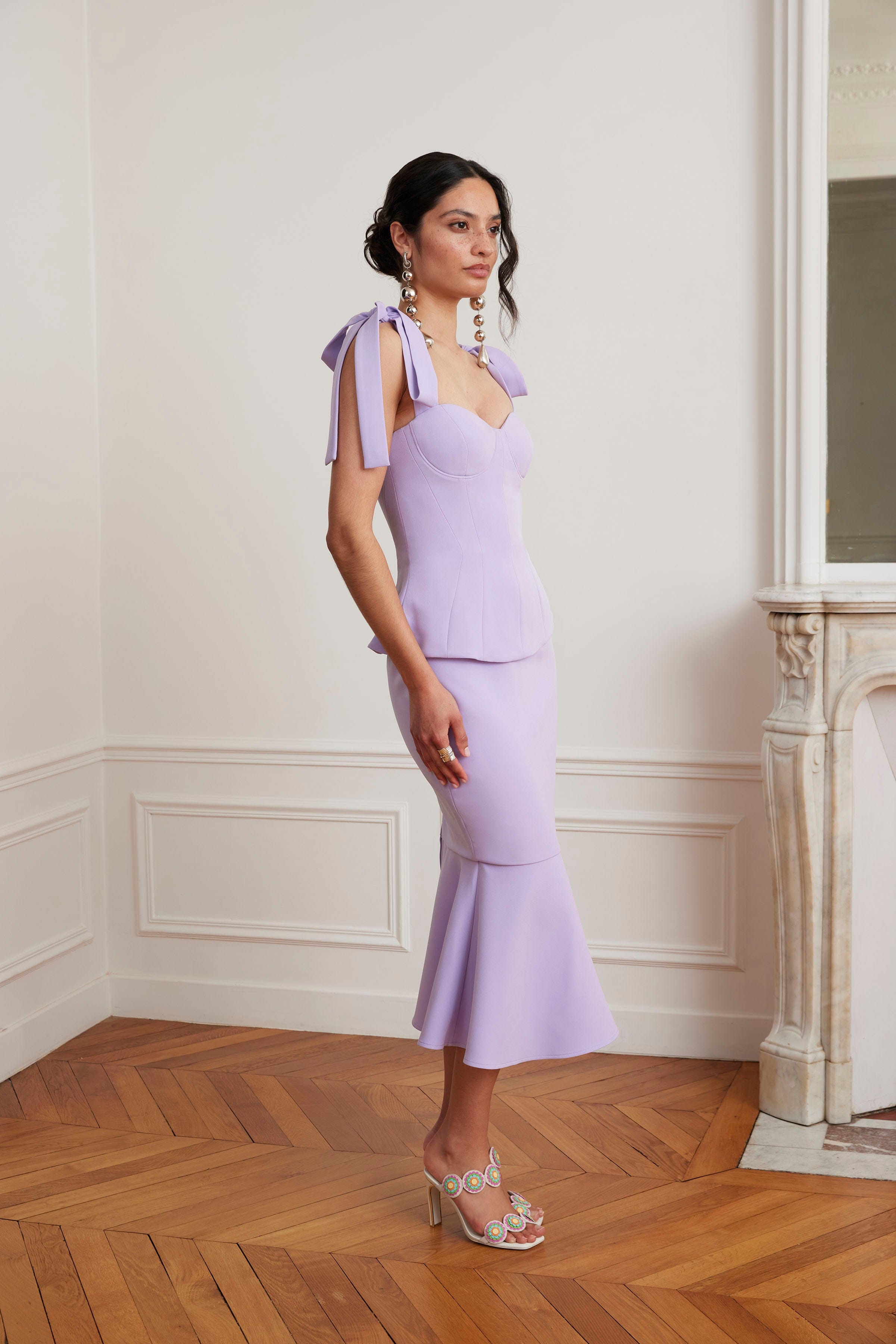 LEONA Tie Shoulder Peplum Fishtail Midi Dress In Lilac