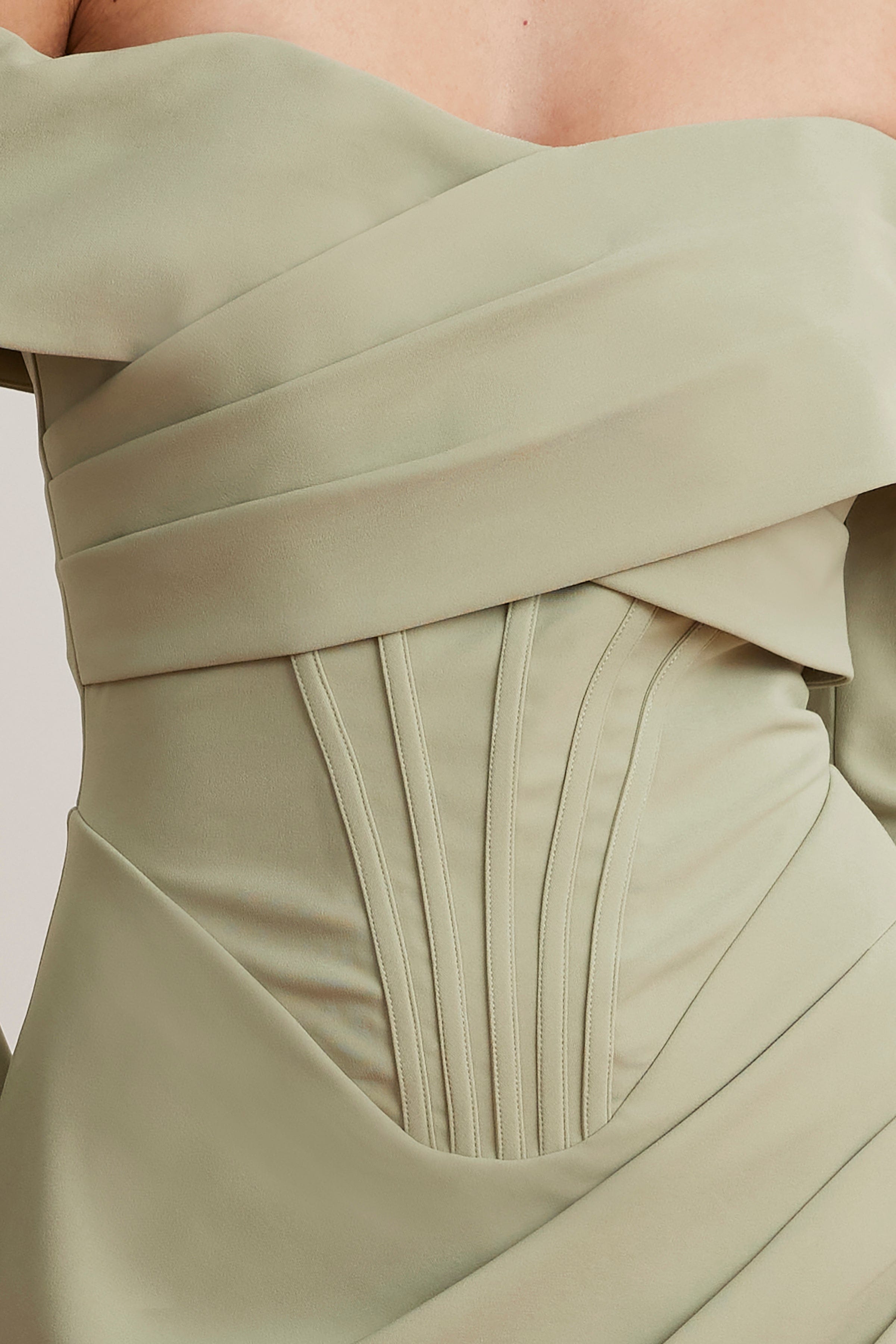 DELPHINE Off Shoulder Corset Midi Wrap Dress In Sage Green