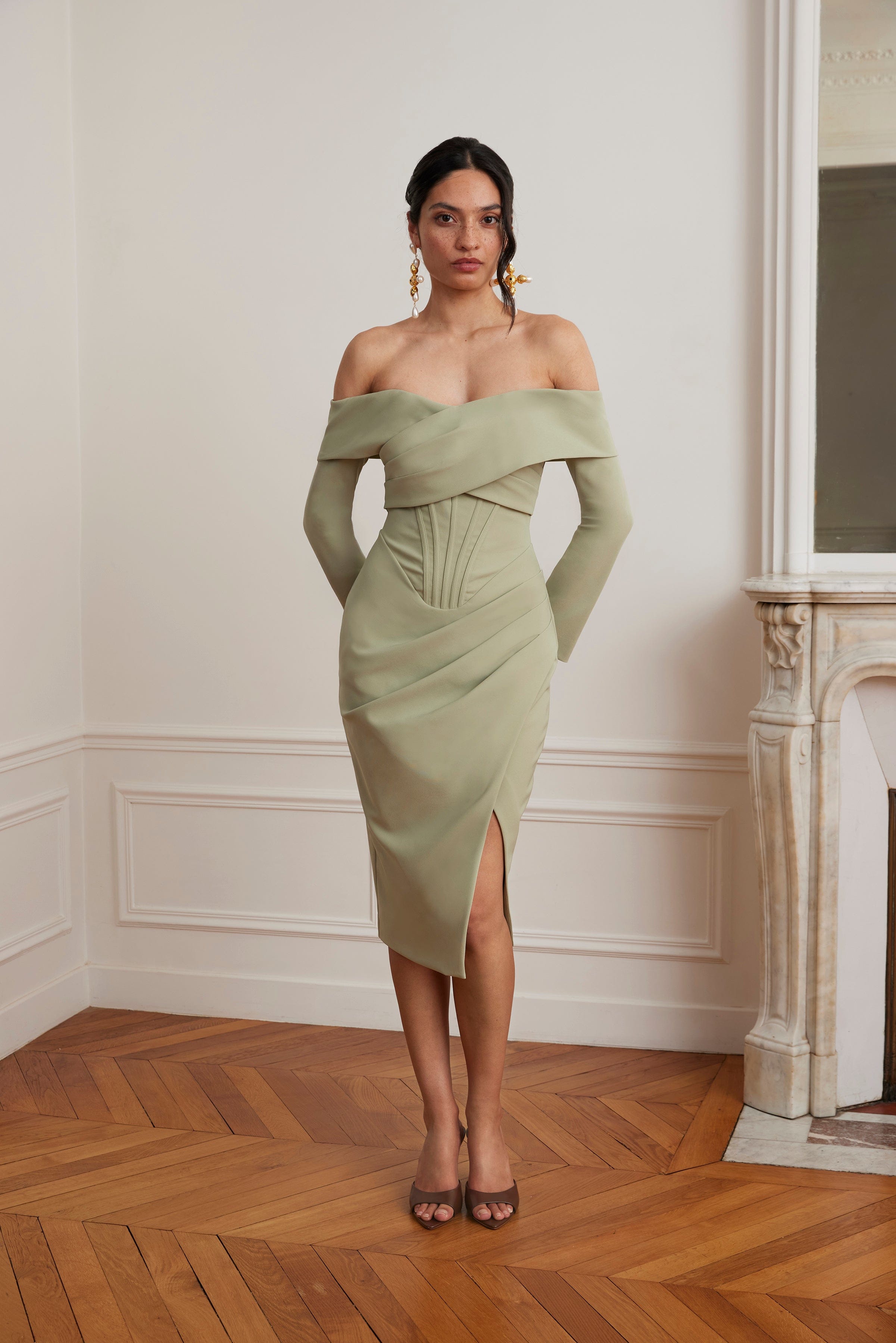 DELPHINE Off Shoulder Corset Midi Wrap Dress In Sage Green