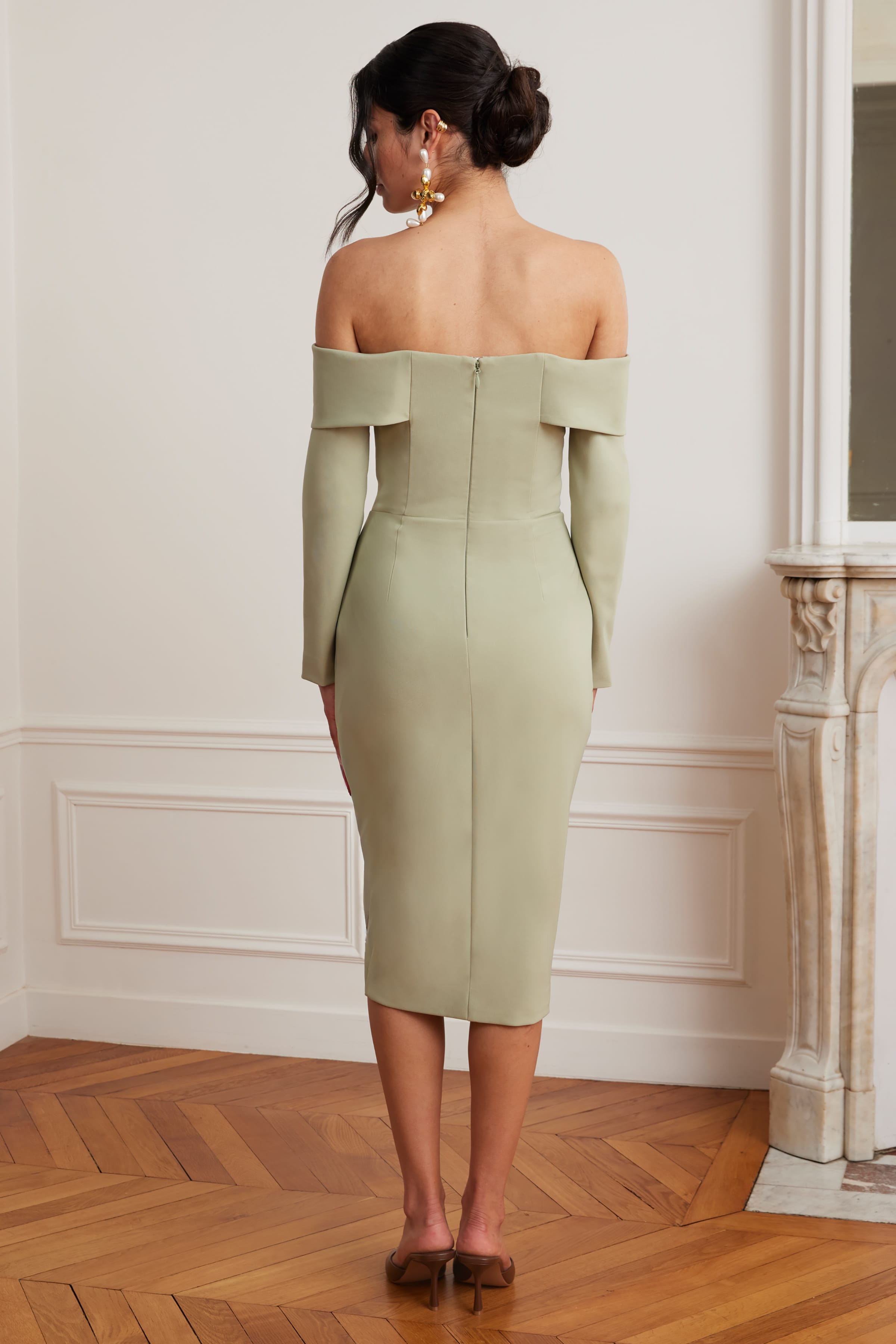 DELPHINE Off Shoulder Corset Midi Wrap Dress In Sage Green
