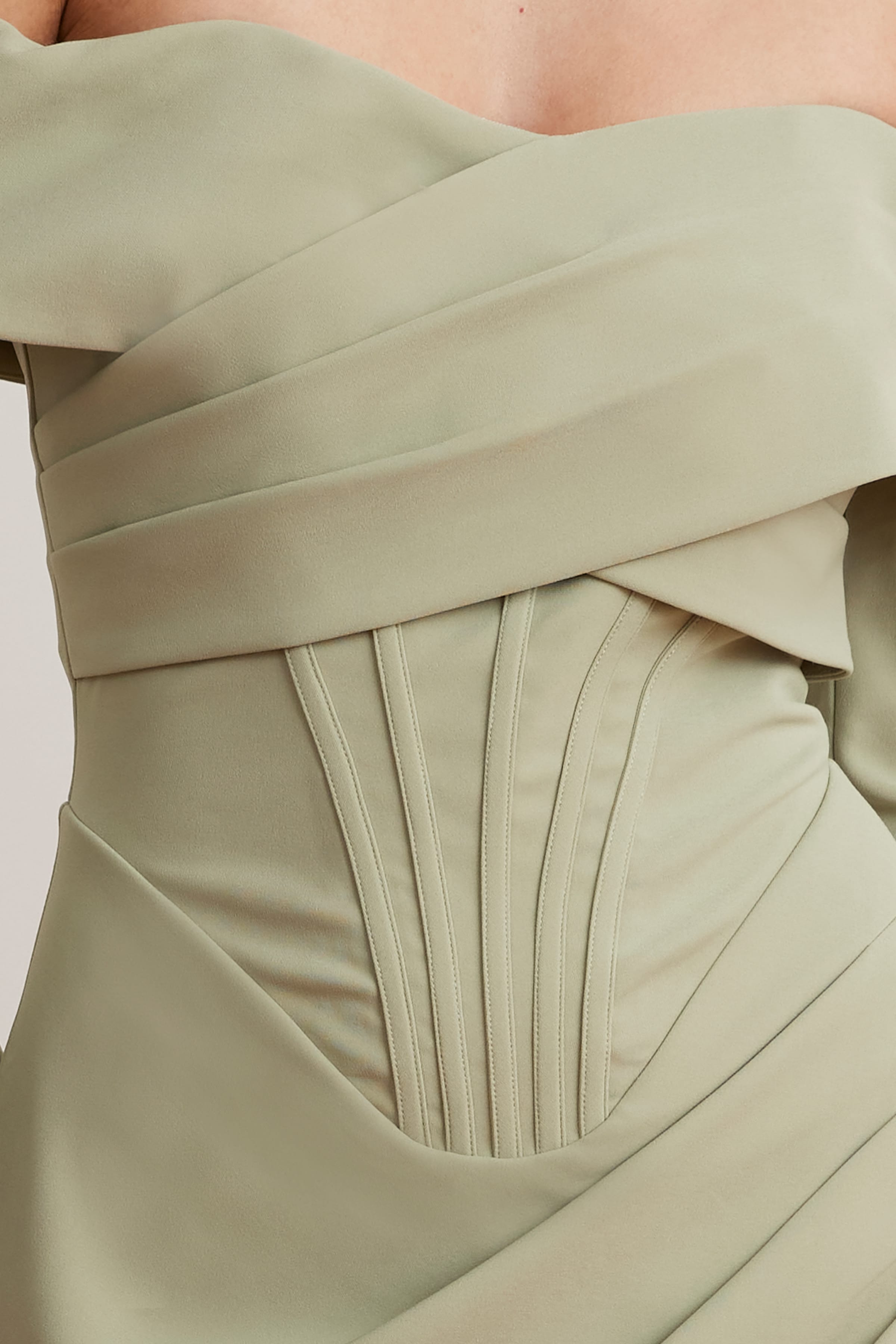 DELPHINE Off Shoulder Corset Midi Wrap Dress In Sage Green