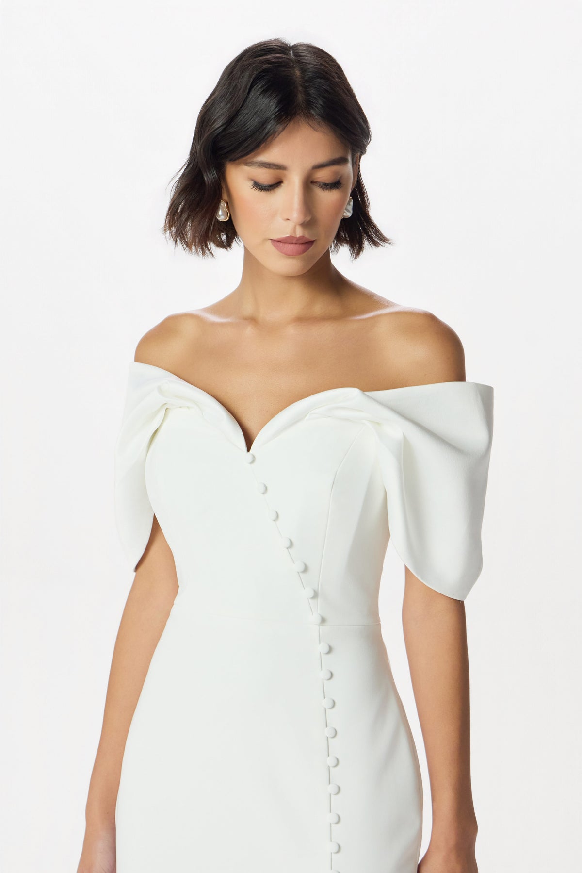 NOELLE Button Detail Midi Dress in White