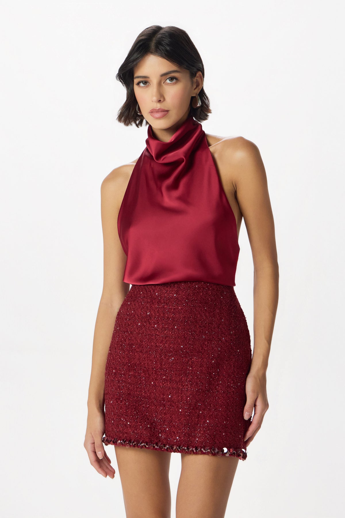SIERRA Embellished Boucle Mini Skirt in Burgundy