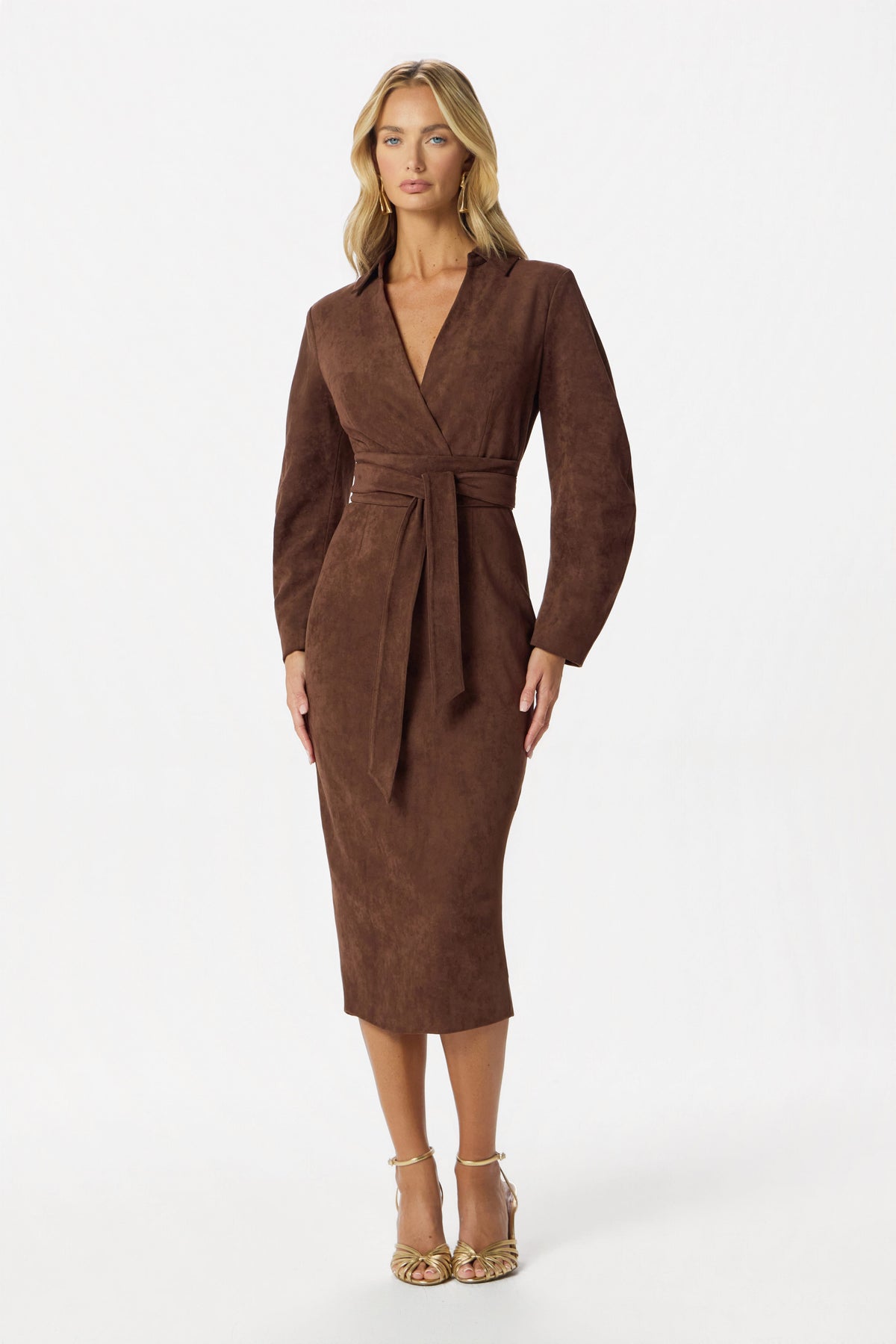 WILLOW Faux Suede Midi Dress In Dark Brown