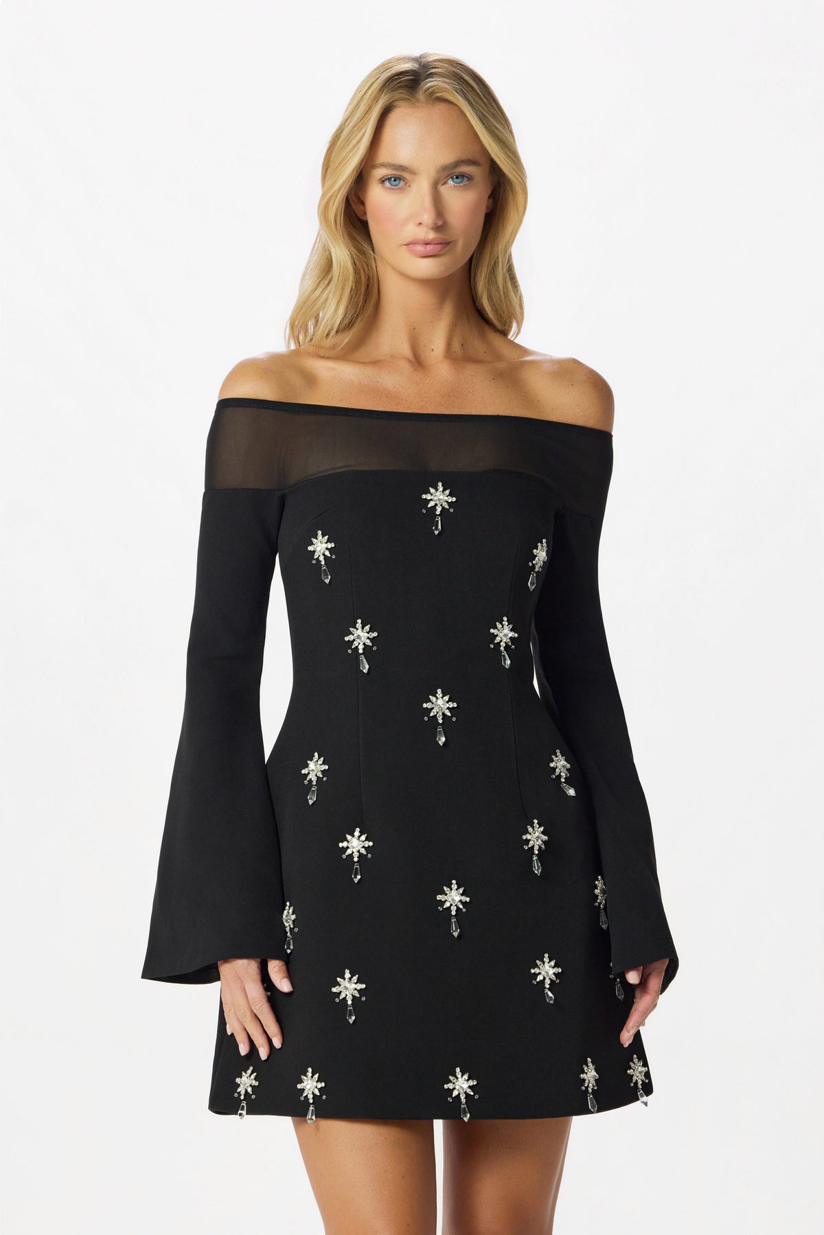 YASMIN Bardot Embellished Mini Dress in Black