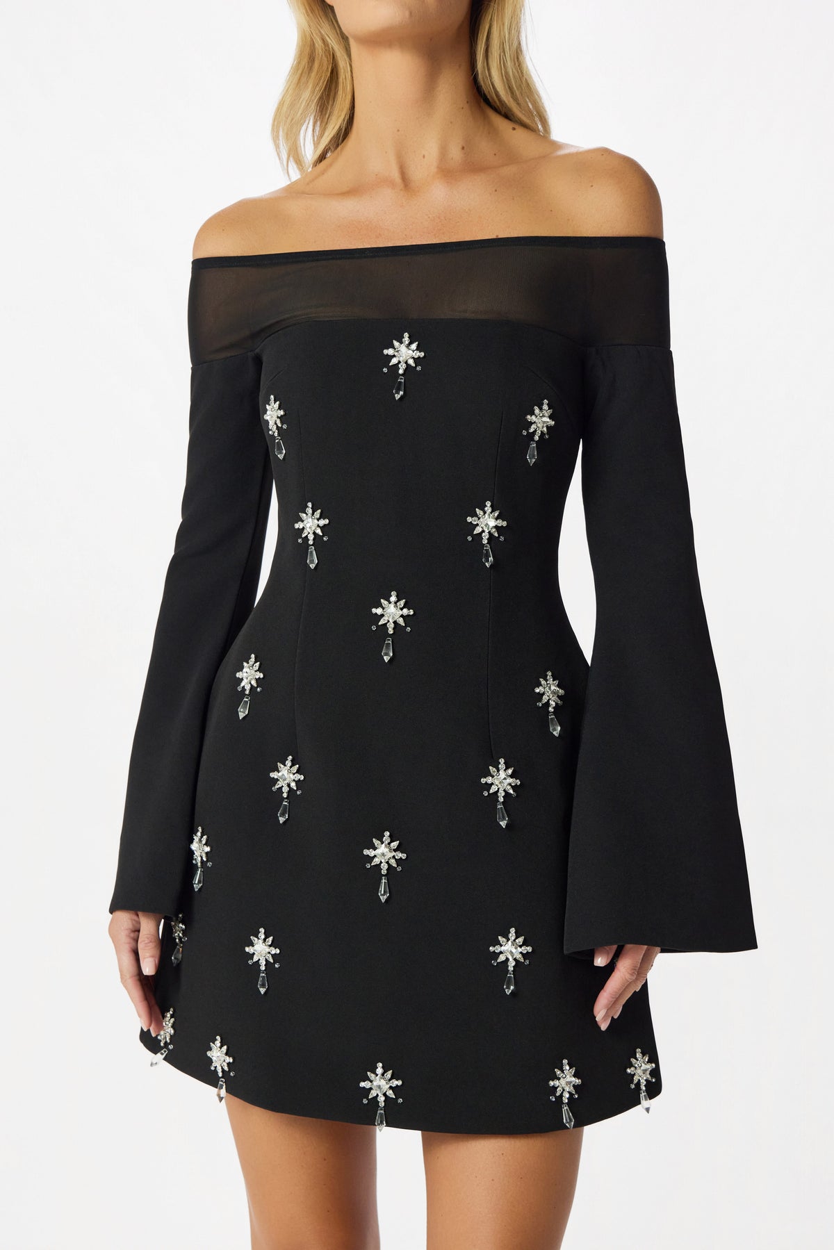 YASMIN Bardot Embellished Mini Dress in Black