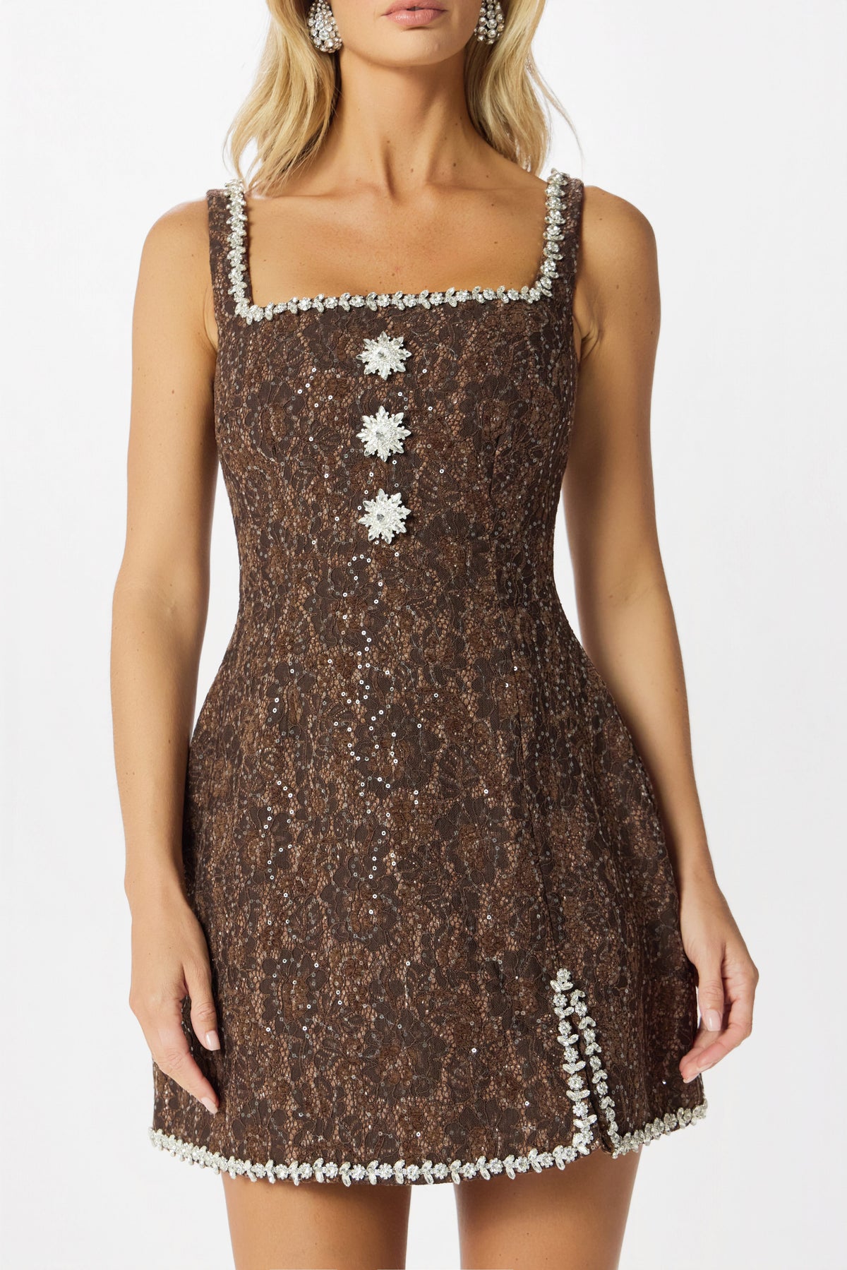 ZOEY Embellished Boucle Mini Dress in Chocolate